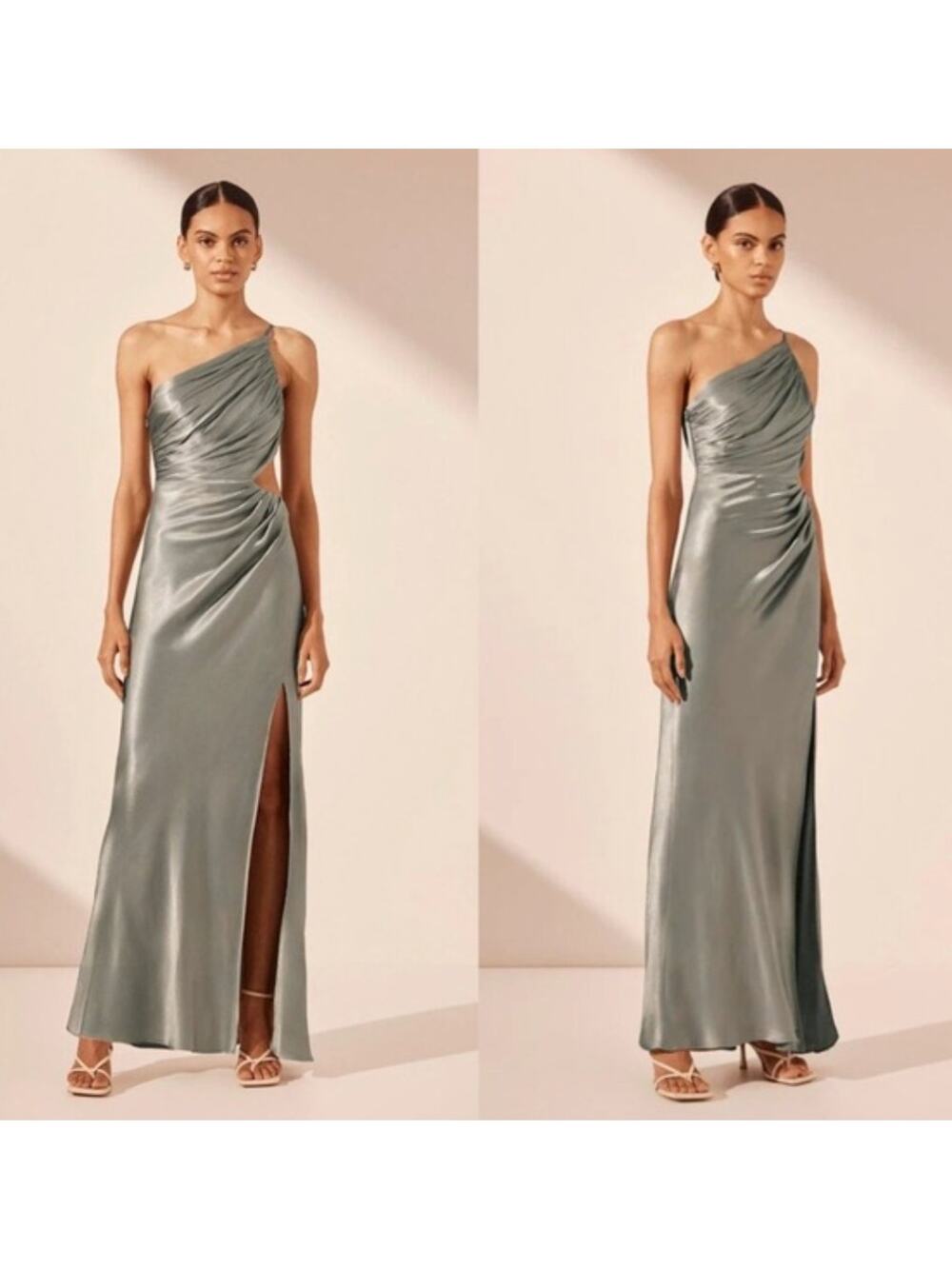 Shona Joy La Lune Asymmetrical Gathered Satin Maxi Dress in Sage Green 6